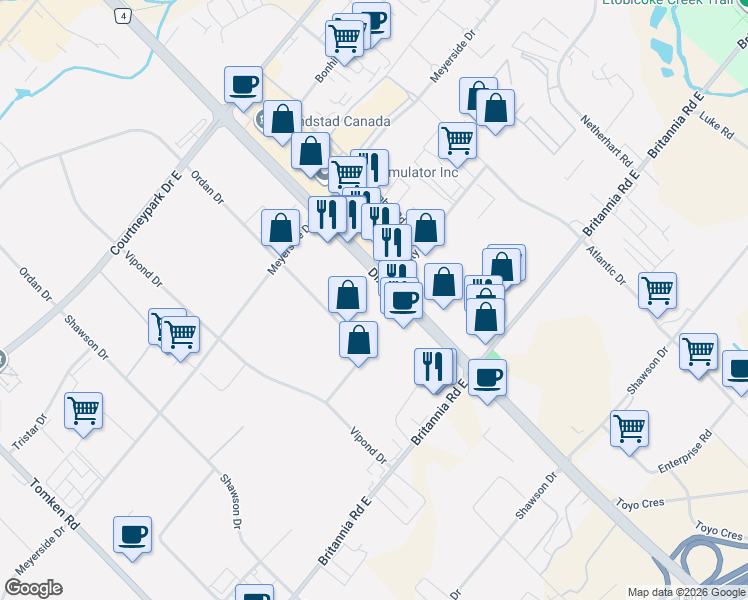 map of restaurants, bars, coffee shops, grocery stores, and more near 6150 Dixie Road in Mississauga