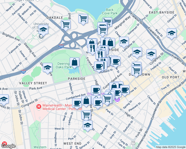 map of restaurants, bars, coffee shops, grocery stores, and more near High St & Park Ave in Portland