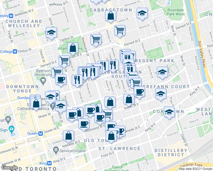 map of restaurants, bars, coffee shops, grocery stores, and more near 118 Seaton Street in Toronto