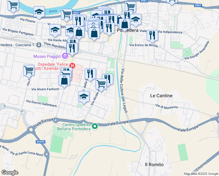 map of restaurants, bars, coffee shops, grocery stores, and more near 35 Via Palmiro Togliatti in Pontedera