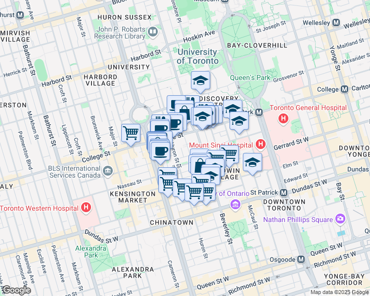 map of restaurants, bars, coffee shops, grocery stores, and more near 20 Ross Street in Toronto