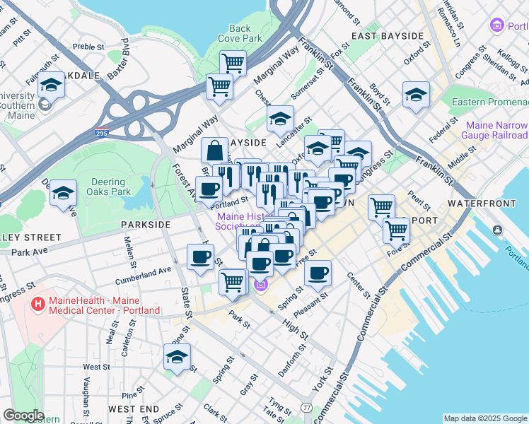 map of restaurants, bars, coffee shops, grocery stores, and more near 9 Hanover Street in Portland