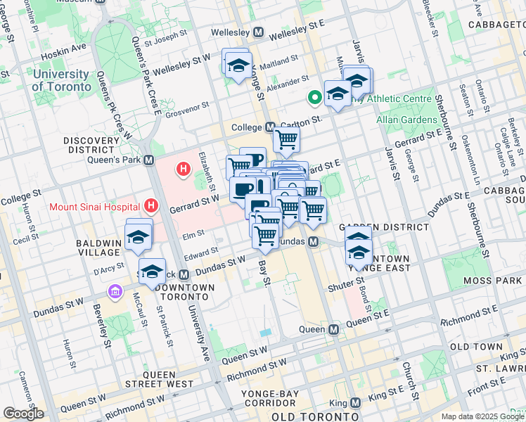 map of restaurants, bars, coffee shops, grocery stores, and more near 38 Elm Street in Toronto