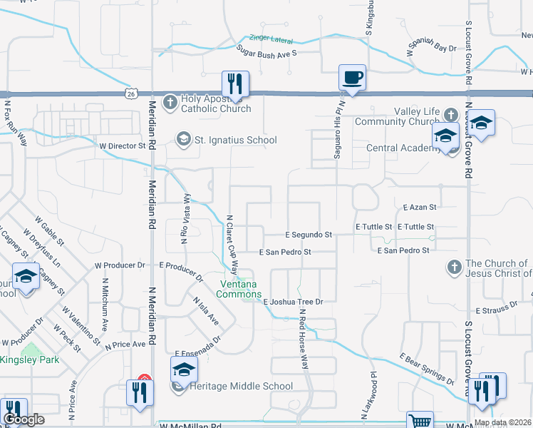 map of restaurants, bars, coffee shops, grocery stores, and more near 5857 N Red Hills Pl in Meridian