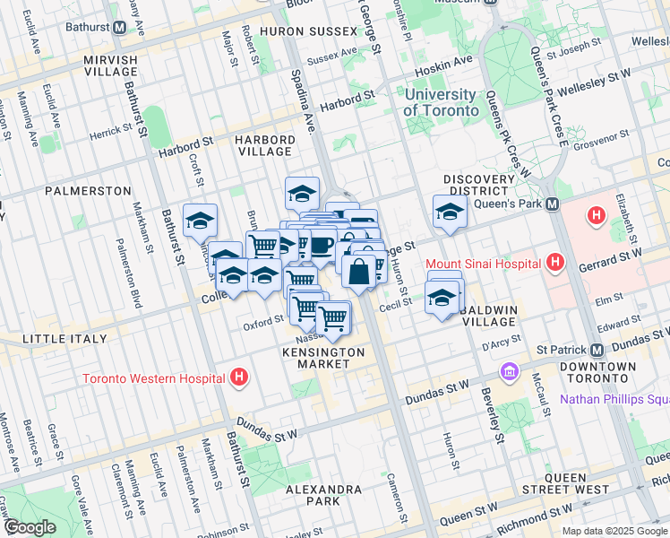 map of restaurants, bars, coffee shops, grocery stores, and more near 287 College Street in Toronto