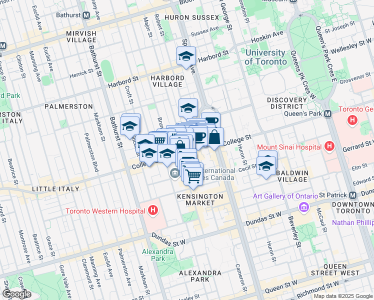 map of restaurants, bars, coffee shops, grocery stores, and more near 322a College Street in Toronto