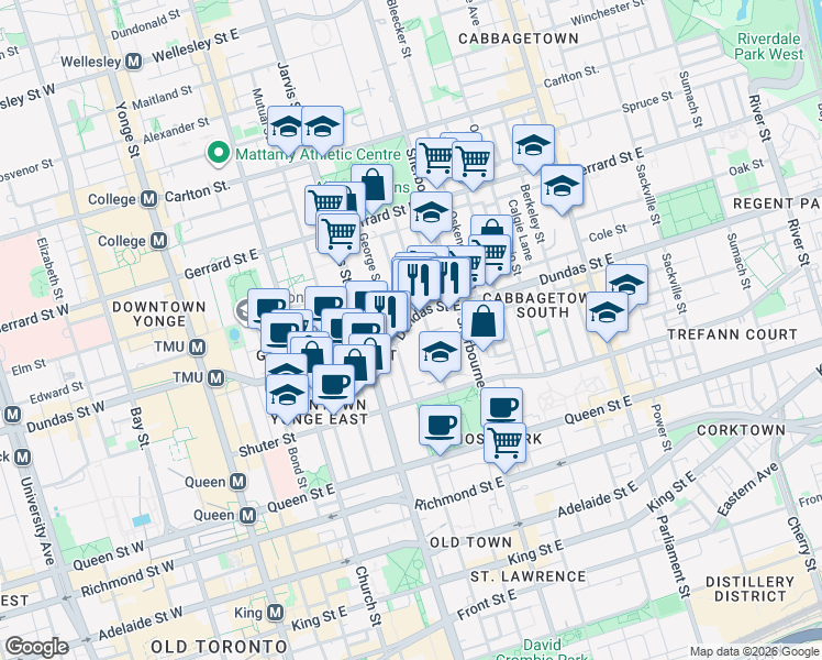 map of restaurants, bars, coffee shops, grocery stores, and more near 231 Dundas Street East in Toronto