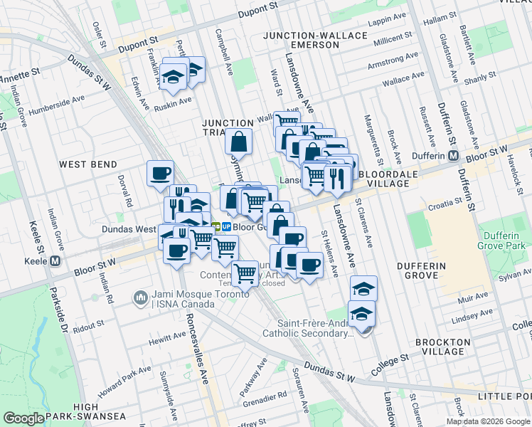map of restaurants, bars, coffee shops, grocery stores, and more near 1400 Bloor Street West in Toronto