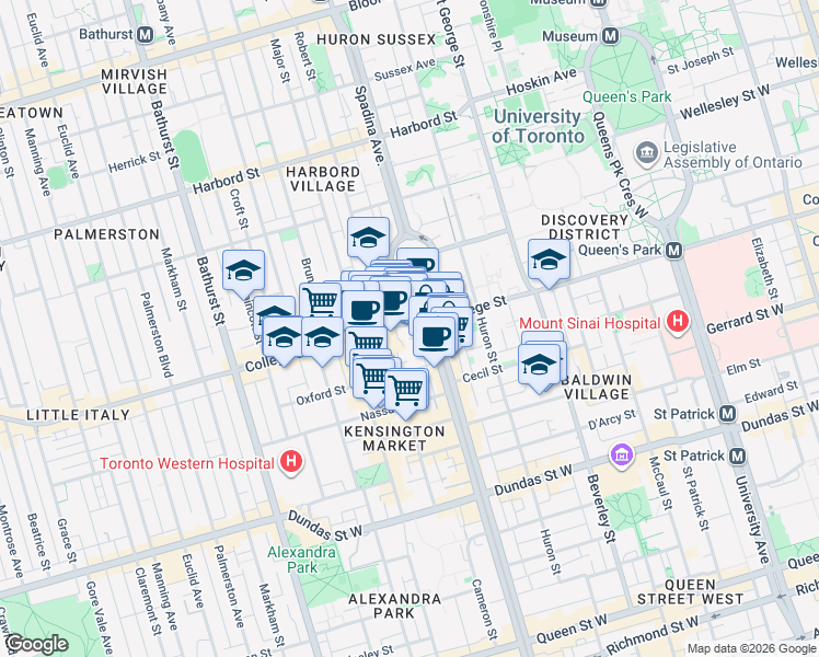map of restaurants, bars, coffee shops, grocery stores, and more near 283 College Street in Toronto