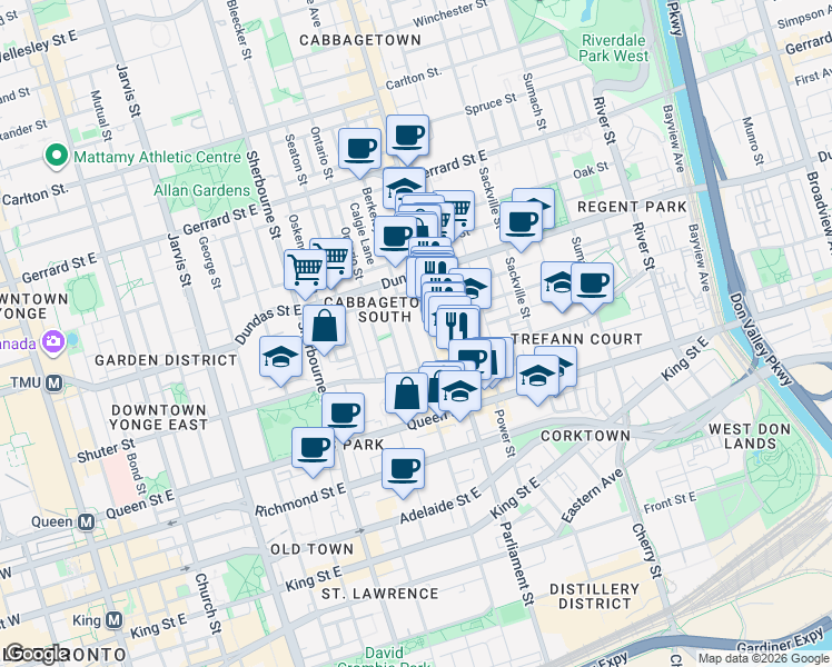 map of restaurants, bars, coffee shops, grocery stores, and more near in Toronto