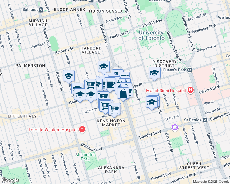 map of restaurants, bars, coffee shops, grocery stores, and more near 285 College Street in Toronto