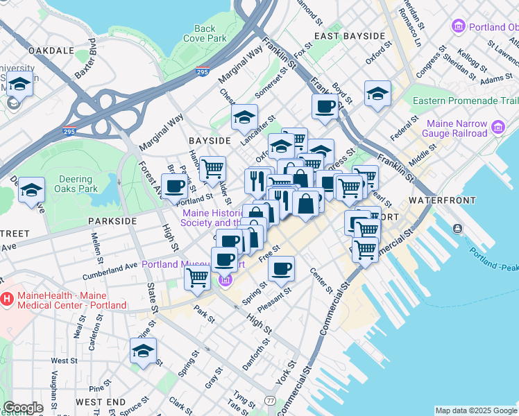 map of restaurants, bars, coffee shops, grocery stores, and more near 22 Preble Street in Portland