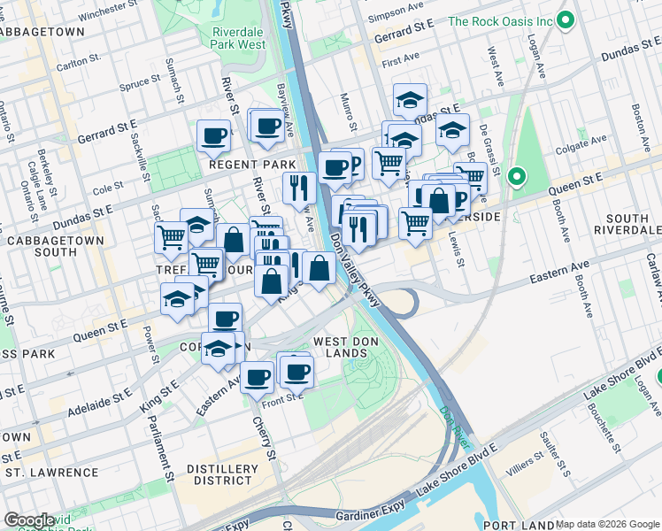 map of restaurants, bars, coffee shops, grocery stores, and more near 579 Queen Street East in Toronto