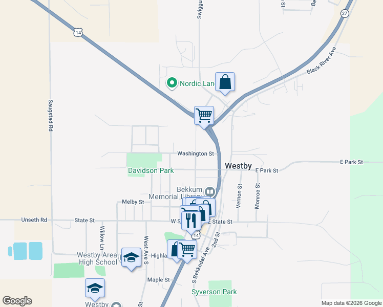 map of restaurants, bars, coffee shops, grocery stores, and more near 215 Washington St in Westby