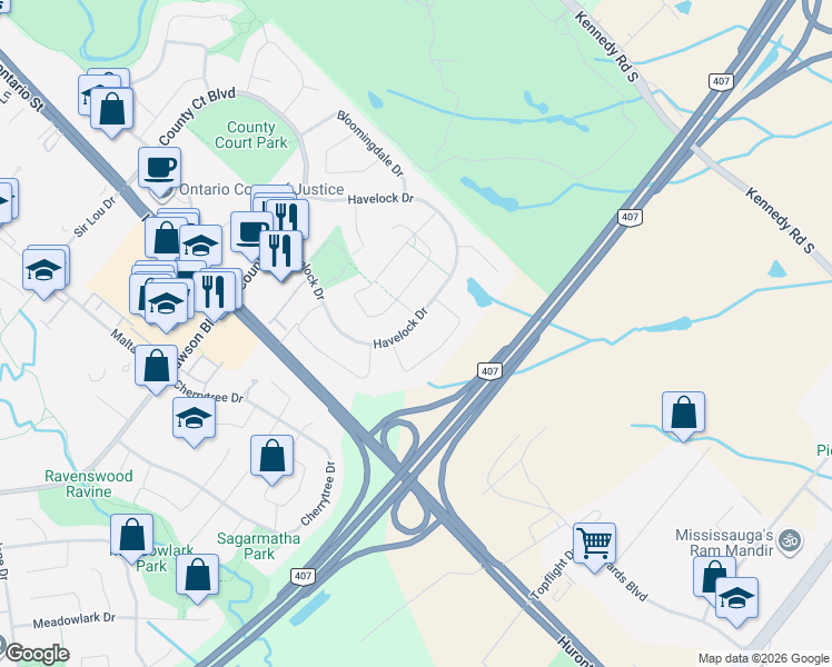 map of restaurants, bars, coffee shops, grocery stores, and more near 112 Havelock Drive in Brampton