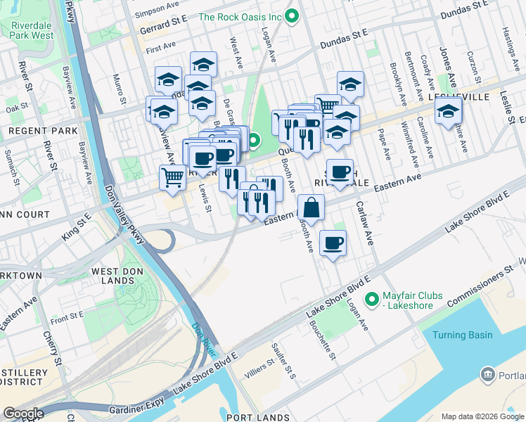 map of restaurants, bars, coffee shops, grocery stores, and more near 14 McGee Street in Toronto