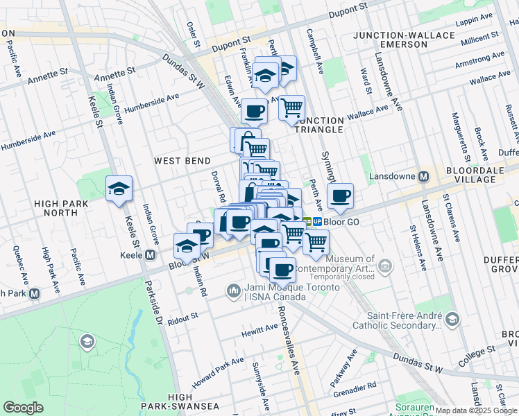 map of restaurants, bars, coffee shops, grocery stores, and more near 2387 Dundas Street West in Toronto