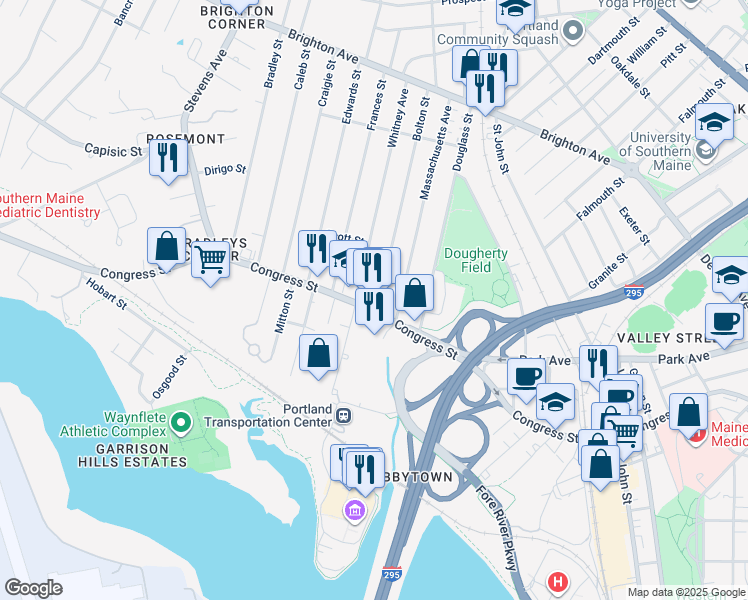 map of restaurants, bars, coffee shops, grocery stores, and more near 1227 Congress Street in Portland