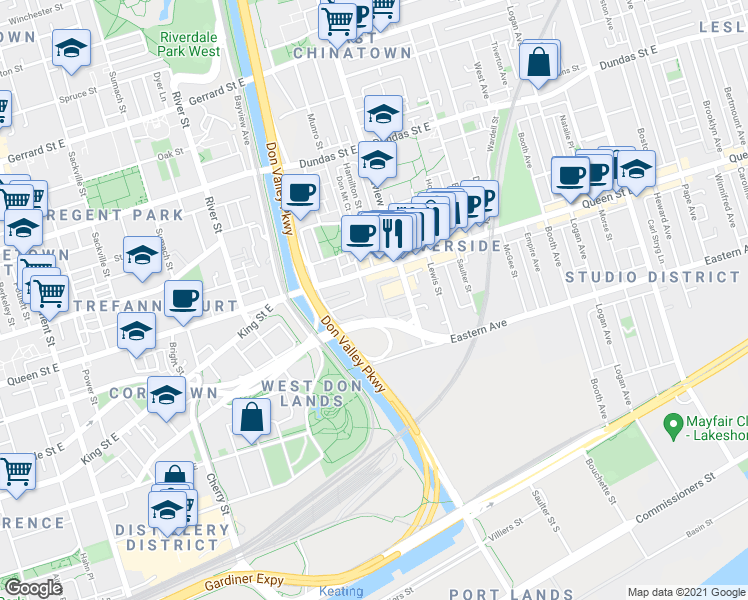 map of restaurants, bars, coffee shops, grocery stores, and more near 25 Baseball Place in Toronto