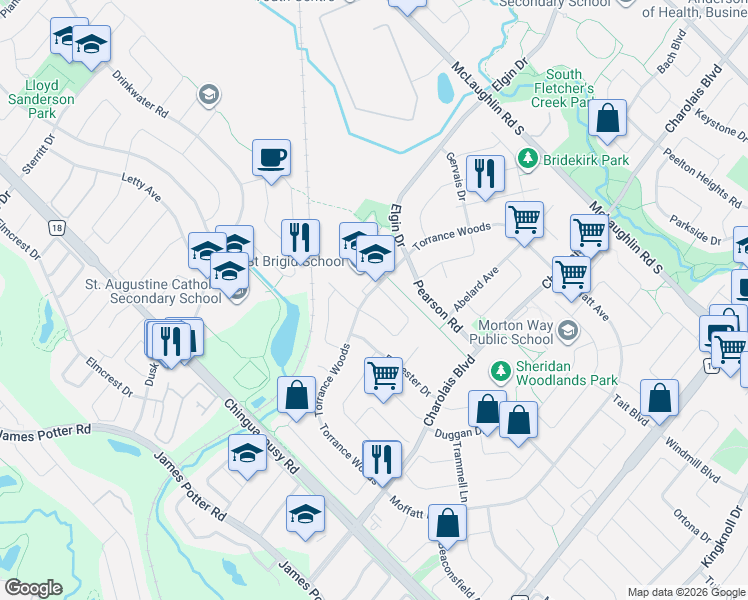 map of restaurants, bars, coffee shops, grocery stores, and more near 80 Torrance Woods in Brampton