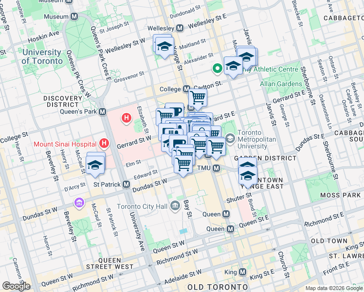 map of restaurants, bars, coffee shops, grocery stores, and more near 38 Elm Street in Toronto
