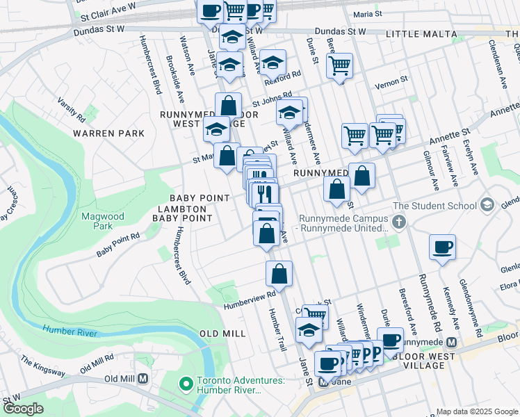 map of restaurants, bars, coffee shops, grocery stores, and more near 375 Jane Street in Toronto