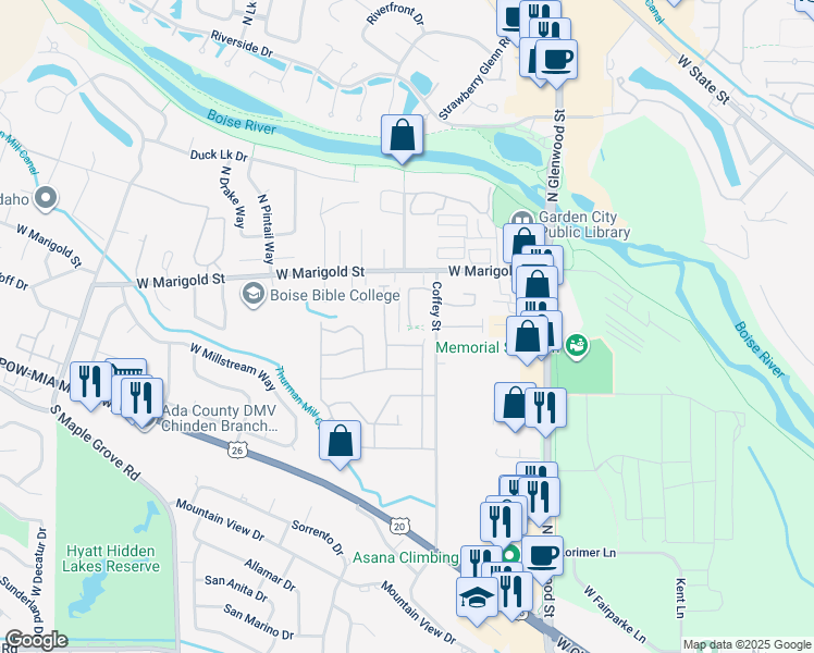 map of restaurants, bars, coffee shops, grocery stores, and more near 5800 North Cloud 9 Drive in Boise