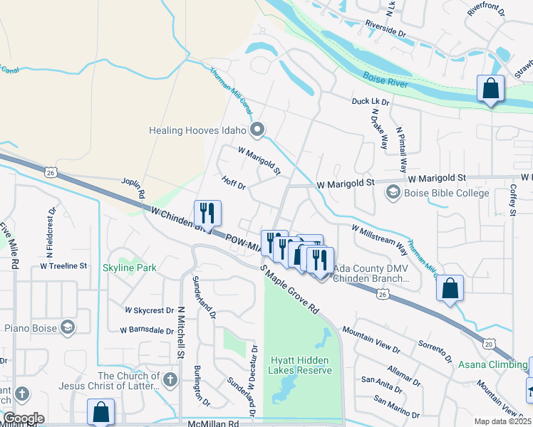 map of restaurants, bars, coffee shops, grocery stores, and more near 5807 North Garrett Street in Garden City