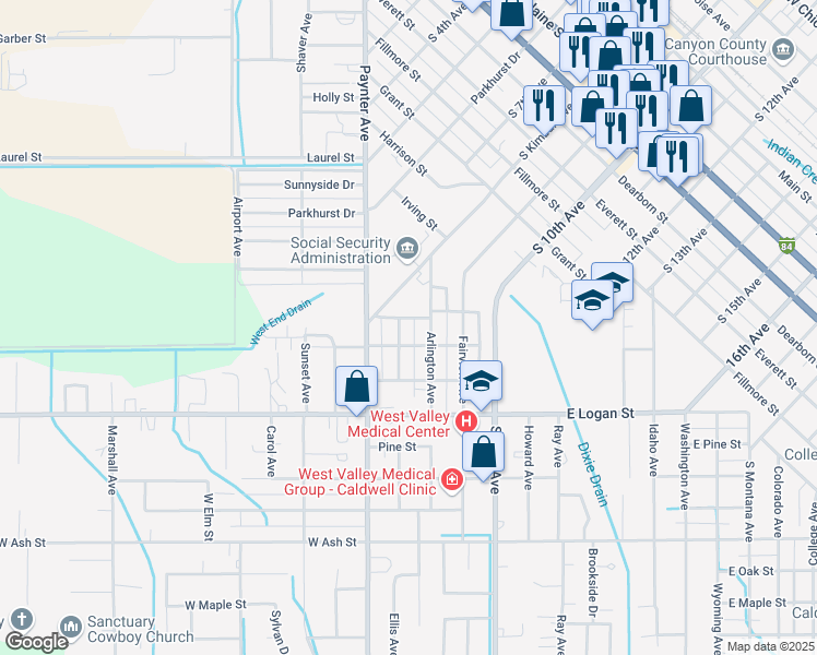 map of restaurants, bars, coffee shops, grocery stores, and more near 1416 Ellis Avenue in Caldwell