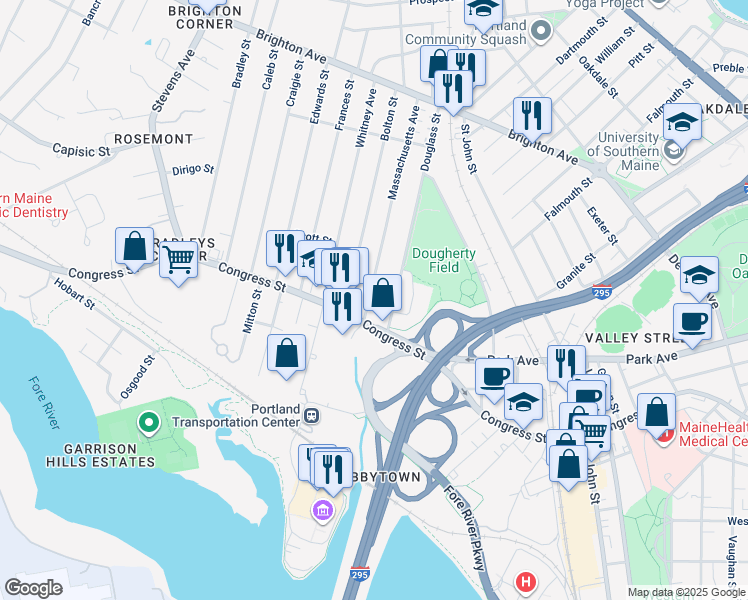 map of restaurants, bars, coffee shops, grocery stores, and more near 11 Massachusetts Avenue in Portland