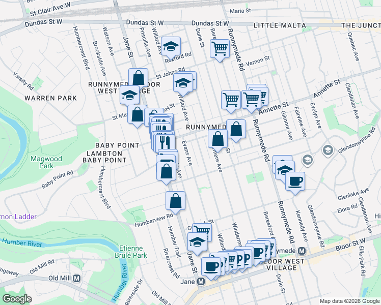 map of restaurants, bars, coffee shops, grocery stores, and more near 117 Evans Avenue in Toronto
