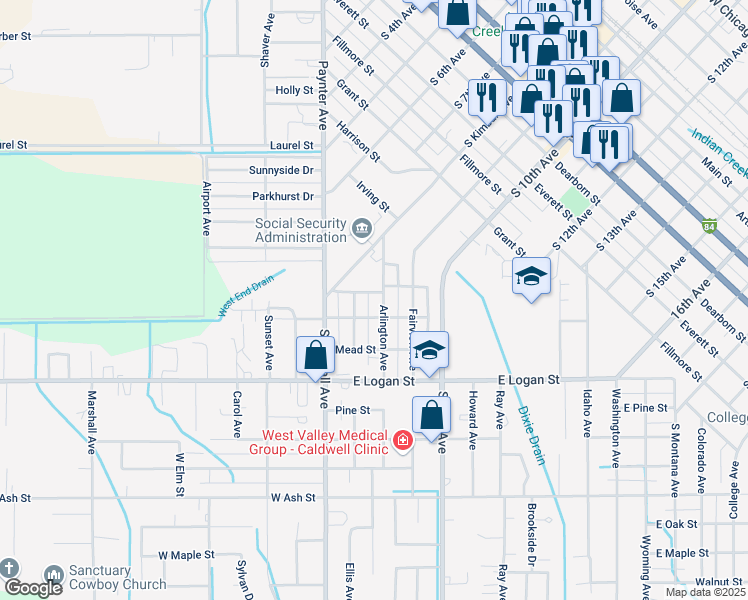 map of restaurants, bars, coffee shops, grocery stores, and more near 1408 Arlington Avenue in Caldwell