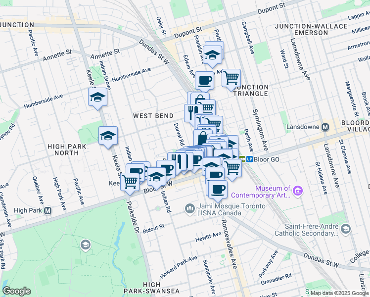 map of restaurants, bars, coffee shops, grocery stores, and more near Dorval Road in Toronto