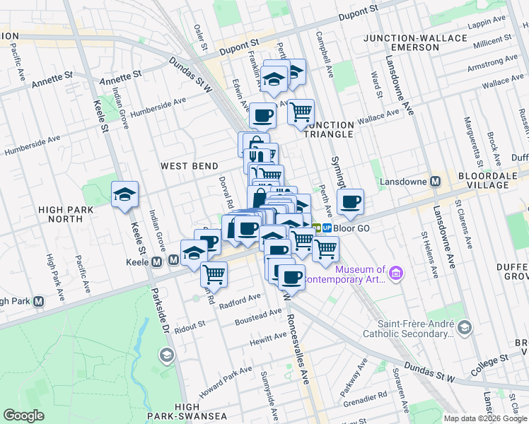 map of restaurants, bars, coffee shops, grocery stores, and more near in Toronto
