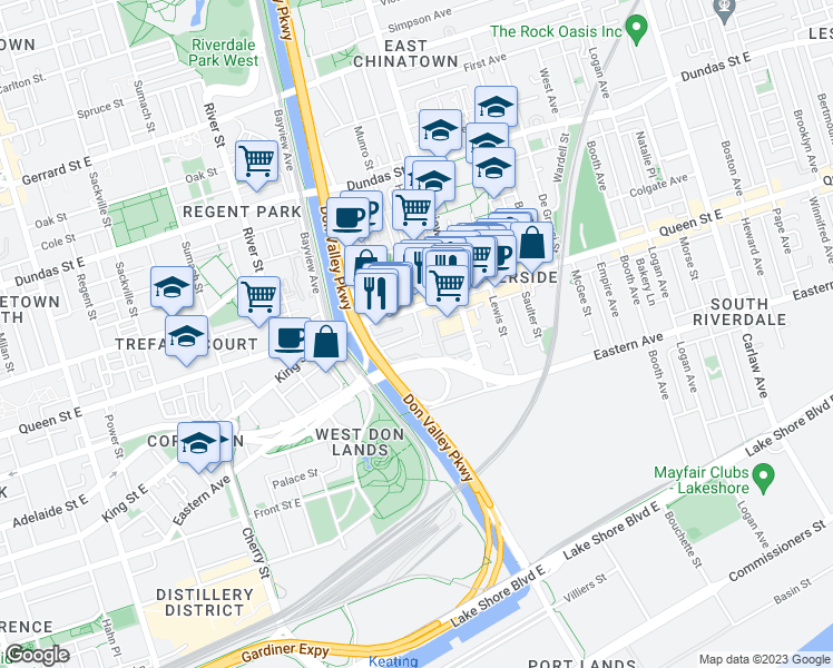map of restaurants, bars, coffee shops, grocery stores, and more near 15 Baseball Place in Toronto