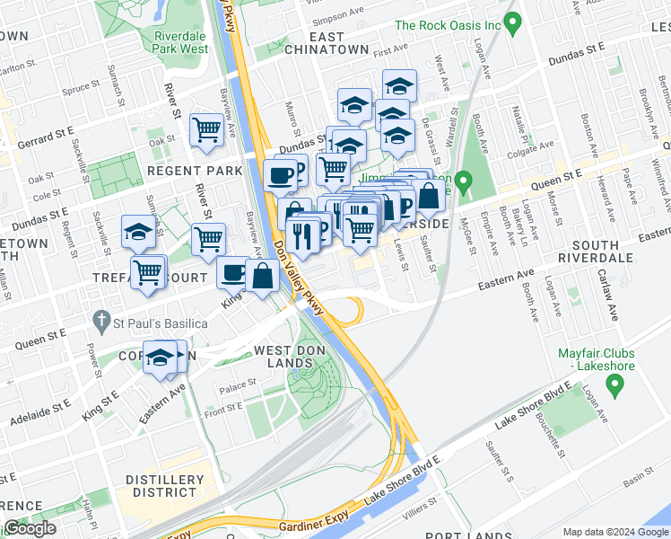 map of restaurants, bars, coffee shops, grocery stores, and more near in Toronto