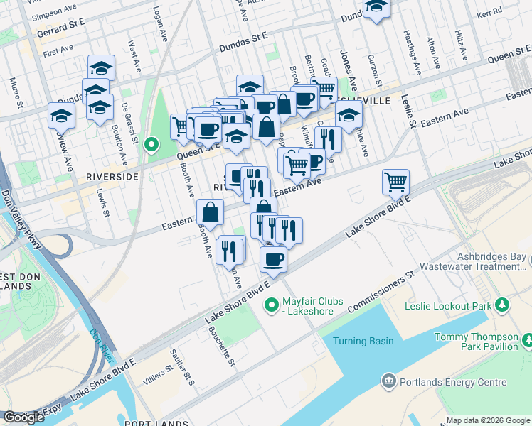 map of restaurants, bars, coffee shops, grocery stores, and more near 91 Carlaw Avenue in Toronto