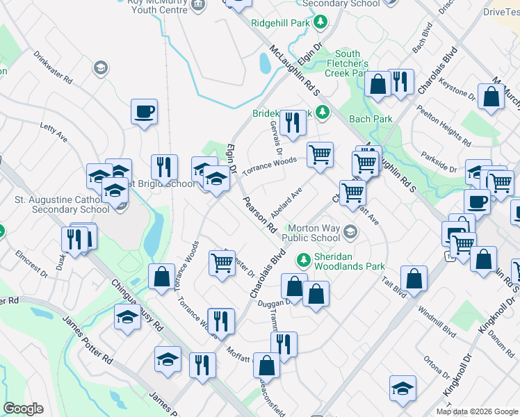 map of restaurants, bars, coffee shops, grocery stores, and more near 23 Pearson Road in Brampton