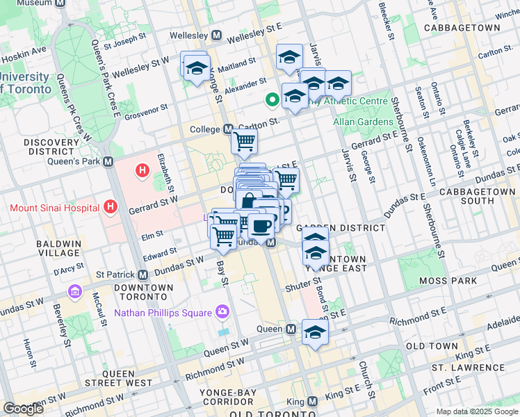 map of restaurants, bars, coffee shops, grocery stores, and more near 347 Yonge Street in Toronto