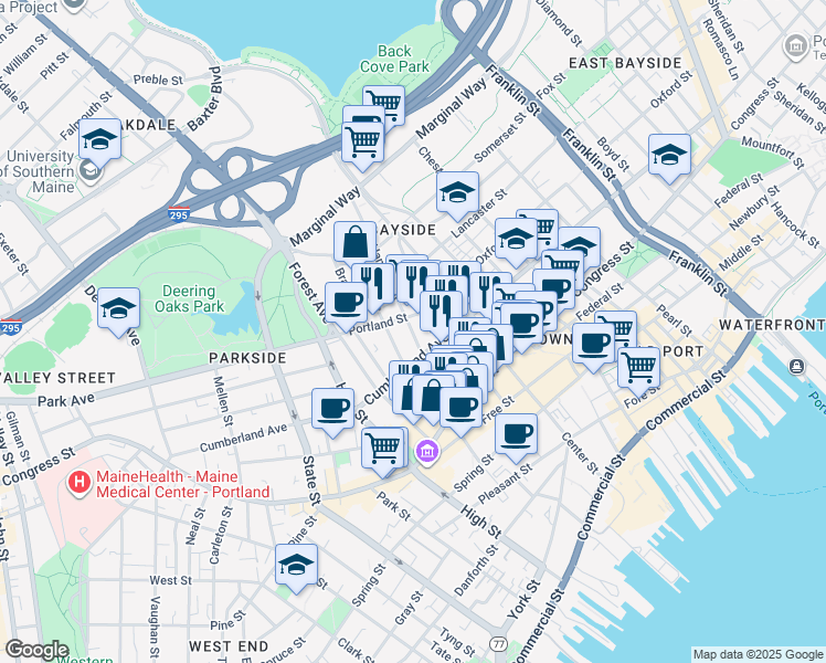 map of restaurants, bars, coffee shops, grocery stores, and more near 9 Hanover Street in Portland