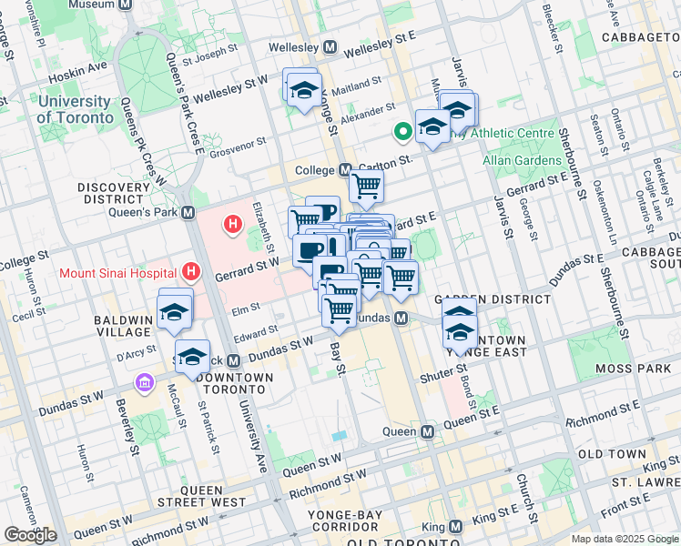 map of restaurants, bars, coffee shops, grocery stores, and more near 29 Gerrard Street West in Toronto