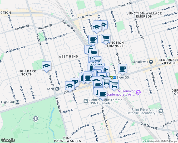 map of restaurants, bars, coffee shops, grocery stores, and more near in Toronto