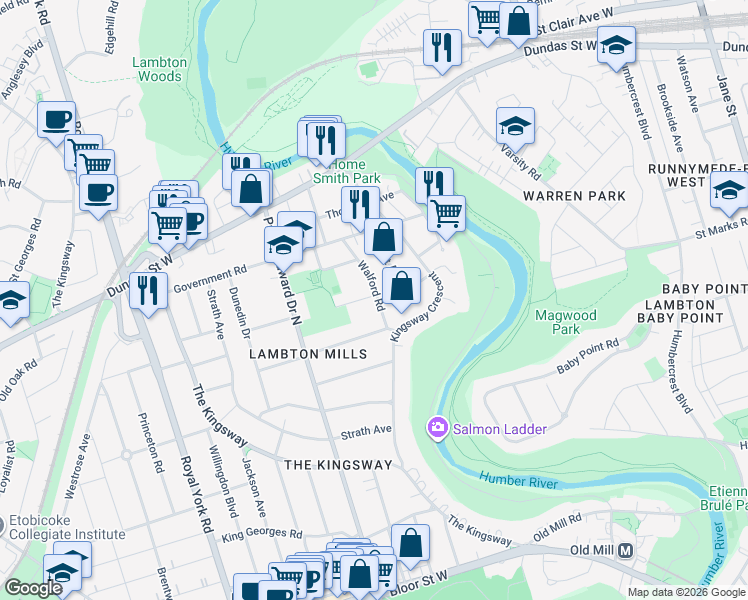map of restaurants, bars, coffee shops, grocery stores, and more near in Toronto