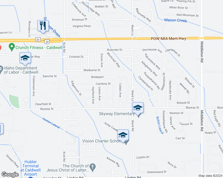 map of restaurants, bars, coffee shops, grocery stores, and more near 19639 Commonwealth Avenue in Caldwell