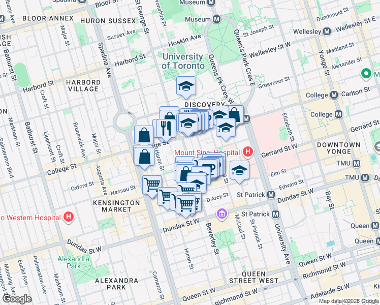map of restaurants, bars, coffee shops, grocery stores, and more near 227 Beverley Street in Toronto