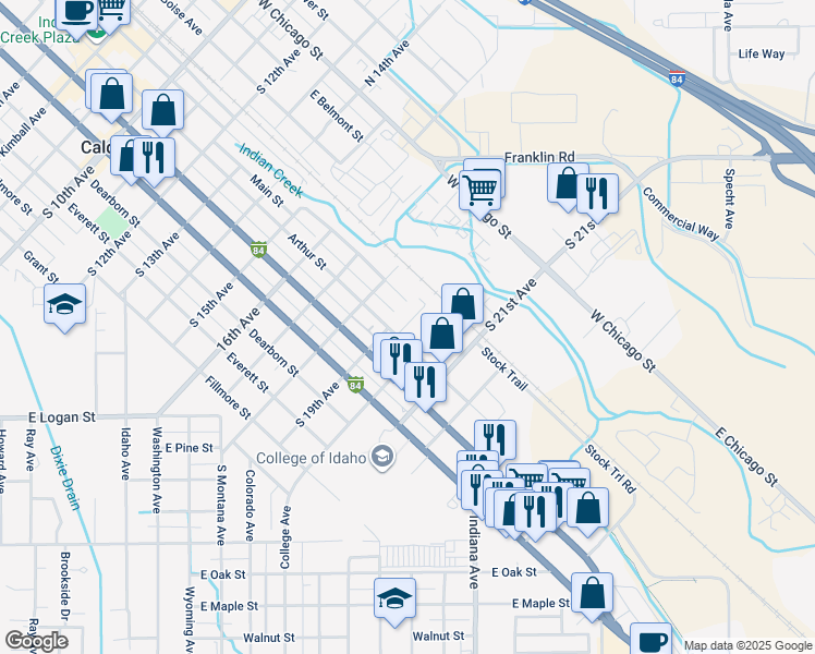 map of restaurants, bars, coffee shops, grocery stores, and more near 1909 Arthur Street in Caldwell