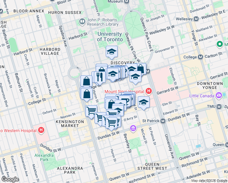 map of restaurants, bars, coffee shops, grocery stores, and more near 227 Beverley Street in Toronto