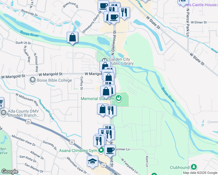 map of restaurants, bars, coffee shops, grocery stores, and more near 5825 North Glenwood Street in Garden City
