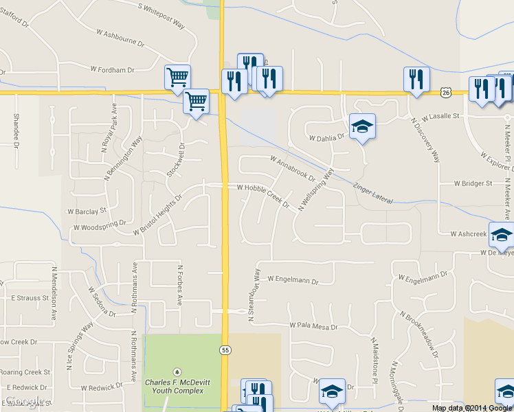 map of restaurants, bars, coffee shops, grocery stores, and more near 5796 North Brooklet Place in Boise