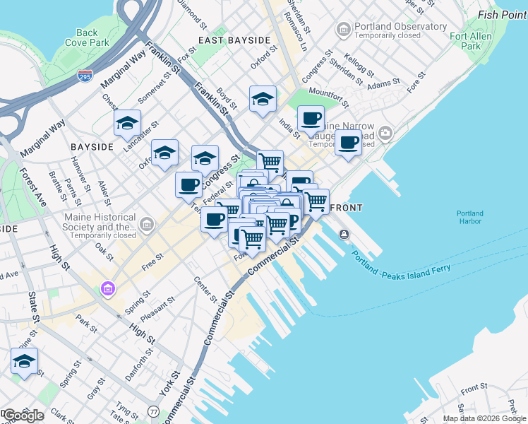 map of restaurants, bars, coffee shops, grocery stores, and more near 2 Milk Street in Portland